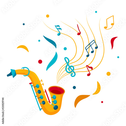 Jazz musical instrument. Funny vector flat illustration with playing saxophone and clef in bright colors on white square background. Various musical symbols and objects, notes for poster or flyer