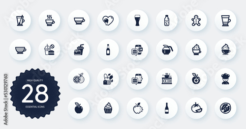 Set of Food and drink icons, such as Apple, Champagne bottle and Fast food flat icons. Coffee cup, Ice cream, Double latte web elements. Cappuccino cream, Walnut, Beer glass signs. Vector