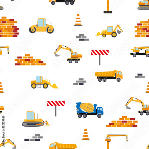 Cute childish seamless pattern with yellow car dump truck, crane, concrete mixer. Construction site illustration in cartoon style