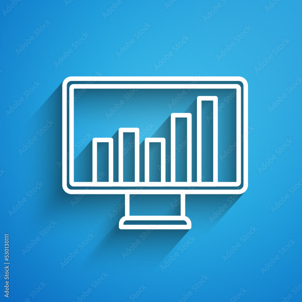 White line Computer monitor with graph chart icon isolated on blue background. Report text file. Accounting sign. Audit, analysis, planning. Long shadow. Vector White line Computer monitor with graph chart icon isolated on blue background. Report text file. Accounting sign. Audit, analysis, planning. Long shadow. Vector