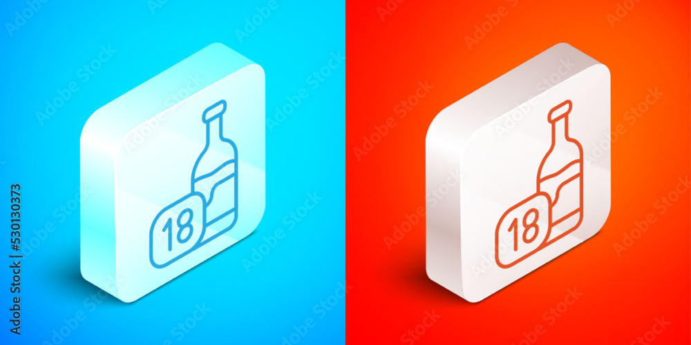 Isometric line Wine bottle icon isolated on blue and red background. Age limit for alcohol. Silver square button. Vector Isometric line Wine bottle icon isolated on blue and red background. Age limit for alcohol. Silver square button. Vector