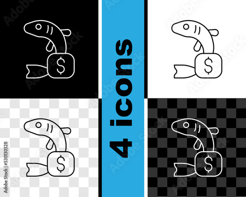 Set line Price tag for fish icon isolated on black and white, transparent background. Vector