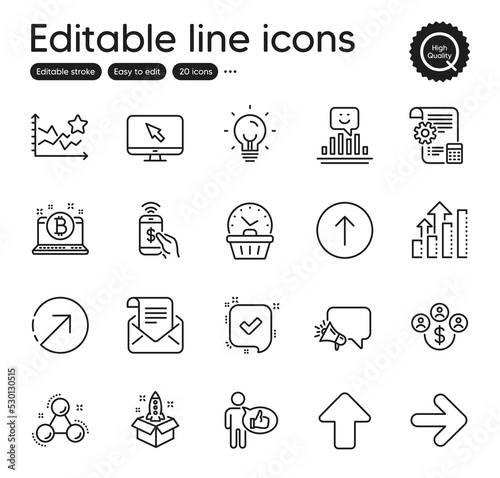 Fototapeta Naklejka Na Ścianę i Meble -  Set of Technology outline icons. Contains icons as Startup, Confirmed and Internet elements. Megaphone, Ranking stars, Next web signs. Smile, Energy, Bitcoin elements. Upload. Vector