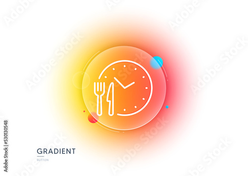 Food time line icon. Gradient blur button with glassmorphism. Meal order clock sign. Restaurant opening hours symbol. Transparent glass design. Food time line icon. Vector