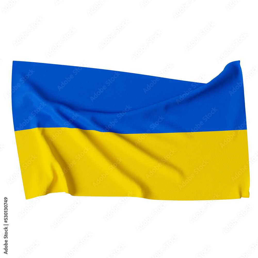 3d rendering of official Ukraine flag. Blue and yellow colors. National symbol. Isolated on transparent background symbol. Wavy fabric texture. Realistic look
