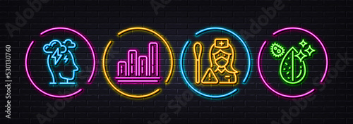 Graph chart, Stress and Nurse minimal line icons. Neon laser 3d lights. Dirty water icons. For web, application, printing. Growth report, Mind anxiety, Swab test. Aqua drop. Vector