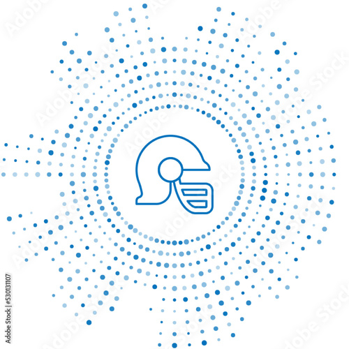 Blue line American football helmet icon isolated on white background. Abstract circle random dots. Vector