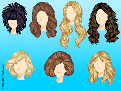 Girlish trendy hairdo set. stylish haircuts for girls of different ethnicity, hair types, colors and length.vector
