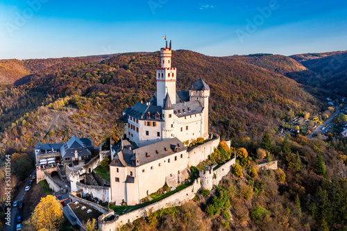 Aerial view of the Rhine Valley with the Marksburg Castle, Braubach, UNESCO World Heritage Site, Upper Middle Rhine Valley, Rhineland-Palatinate, Germany