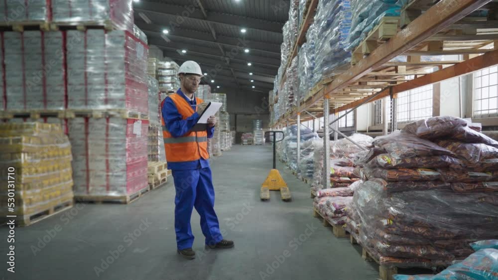 Inventory manager worker inspecting the stock items collected at the factory warehouse. Inventory manager checking the stocked wares. Inventory manager ticking the stocked supply off the checklist. Inventory manager worker inspecting the stock items collected at the factory warehouse. Inventory manager checking the stocked wares. Inventory manager ticking the stocked supply off the checklist.