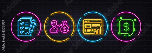 Sallary, Survey checklist and Web report minimal line icons. Neon laser 3d lights. Payment message icons. For web, application, printing. Person earnings, Report, Graph chart. Finance. Vector