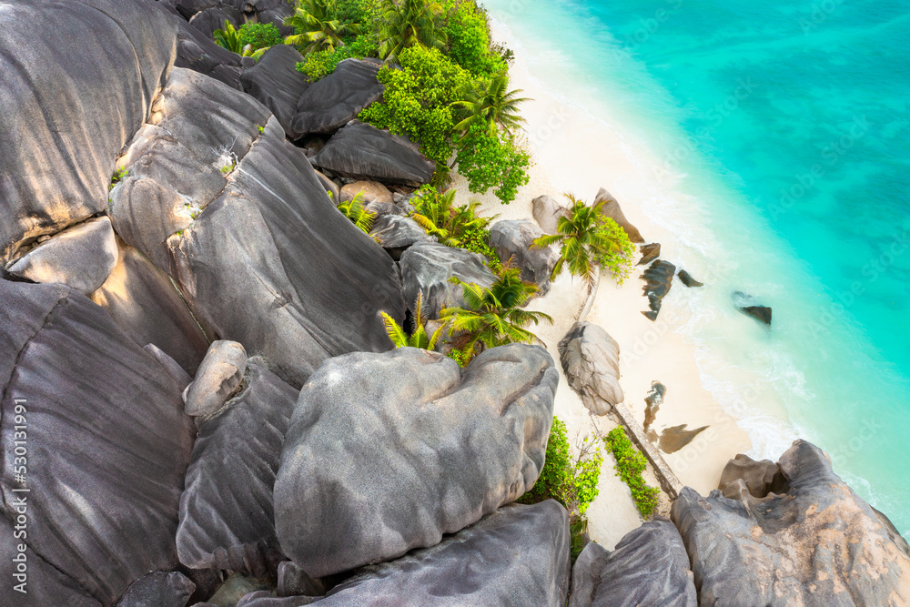 Paradise beach on the island of La Digue in the Seychelles. Anse Source D'Argent