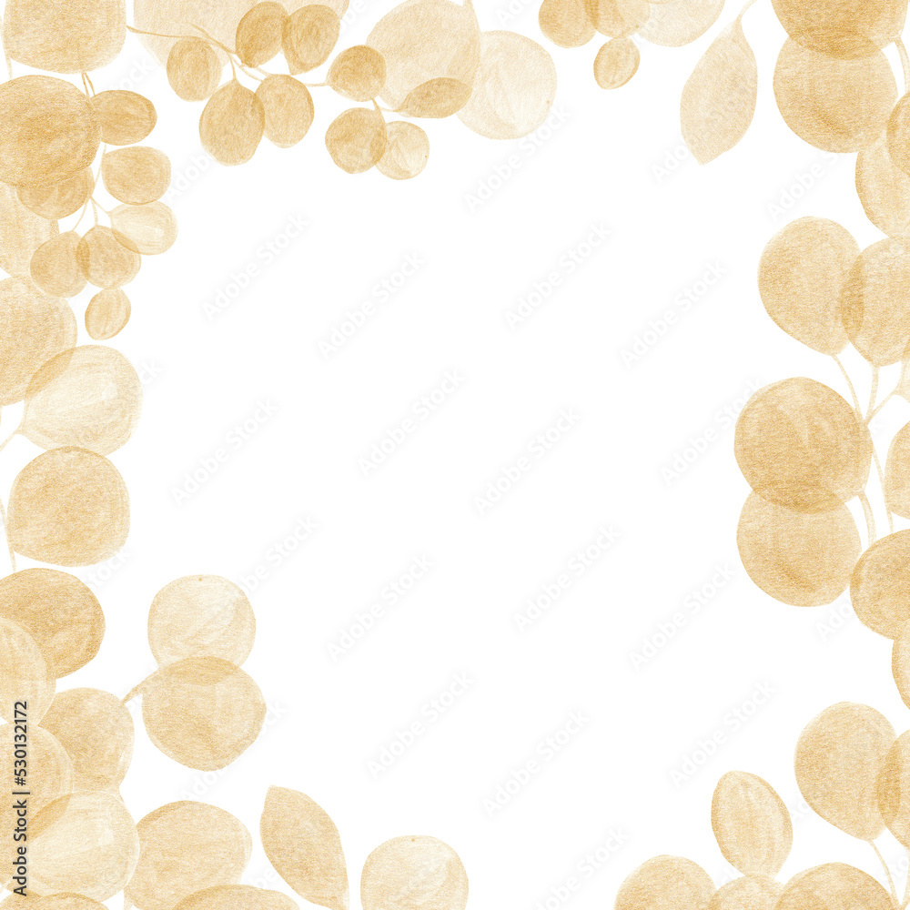 Watercolor frame with golden leaves and eucalyptus branches. Ideal for wedding stationery, congratulations, wallpaper, fashion, background. Eucalyptus, golden leaves Watercolor frame with golden leaves and eucalyptus branches. Ideal for wedding stationery, congratulations, wallpaper, fashion, background. Eucalyptus, golden leaves