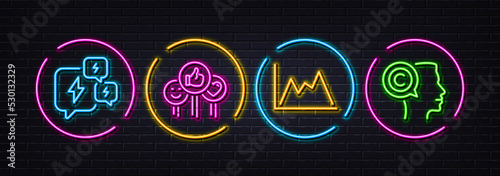 Stress, Diagram and Like minimal line icons. Neon laser 3d lights. Writer icons. For web, application, printing. Anxiety chat, Growth graph, Social media likes. Copyrighter. Vector
