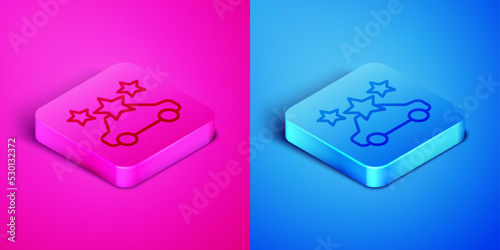 Isometric line Car sharing icon isolated on pink and blue background. Carsharing sign. Transport renting service concept. Square button. Vector