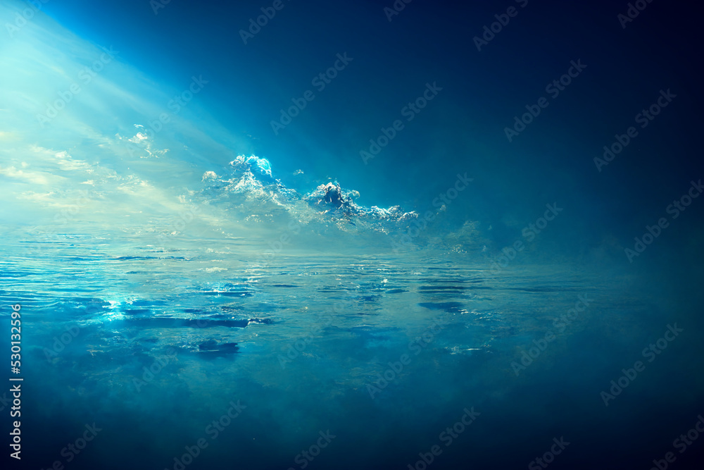 A high quality beautiful illustrated background showing a blue scene with calm colours and water images - obrazy, fototapety, plakaty 