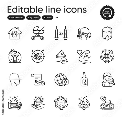 Set of Healthcare outline icons. Contains icons as Medical prescription, Skin care and Drop counter elements. Eco organic, World medicine, Cardio training web signs. Coronavirus. Vector