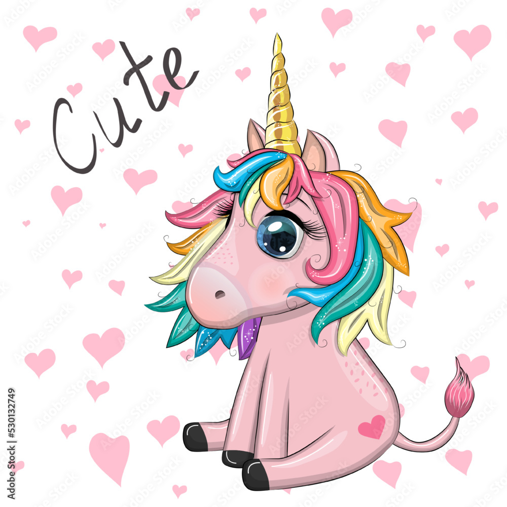 Pink unicorn pony sitting. Cute baby card, baby girl with big eyes