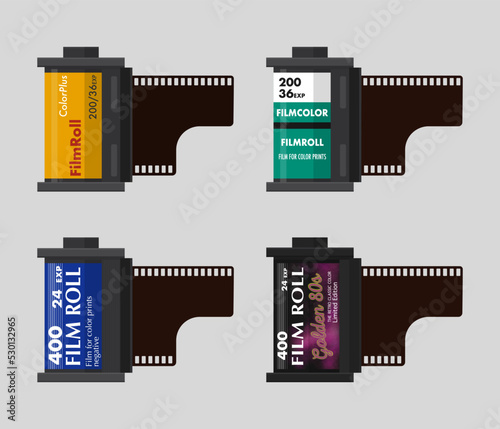 set of retro vector, film roll, set of vintage Camera photo film container, Camera vintage film roll cartridge icon isolated on color background. 35mm film canister. Filmstrip photographer equipment. 