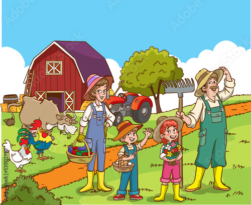 Set of pictures gardener family, garden, mill and landscape with gardening concept. Garden set icons and landscape with a garden, various plants, trees, mill, barn,tractor in flat style
