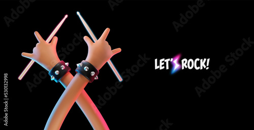 Cartoon drummers hands with horn sign and drumsticks music vector illustration in neon light. 3d cartoon ui hero rock or heavy metal hands sign music festival black banner template 