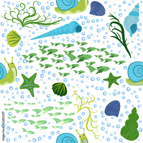 Snail, sea inhabitants seamless pattern, beautiful character among seashells, seaweed, starfish, sea animals of wildlife