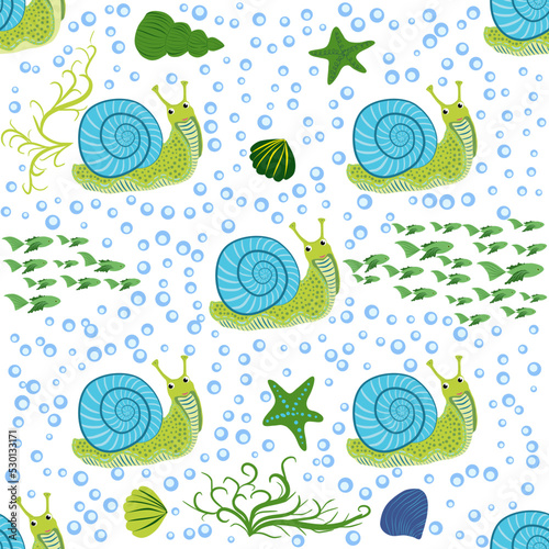 Snail, sea inhabitants seamless pattern, beautiful character among seashells, seaweed, starfish, sea animals of wildlife