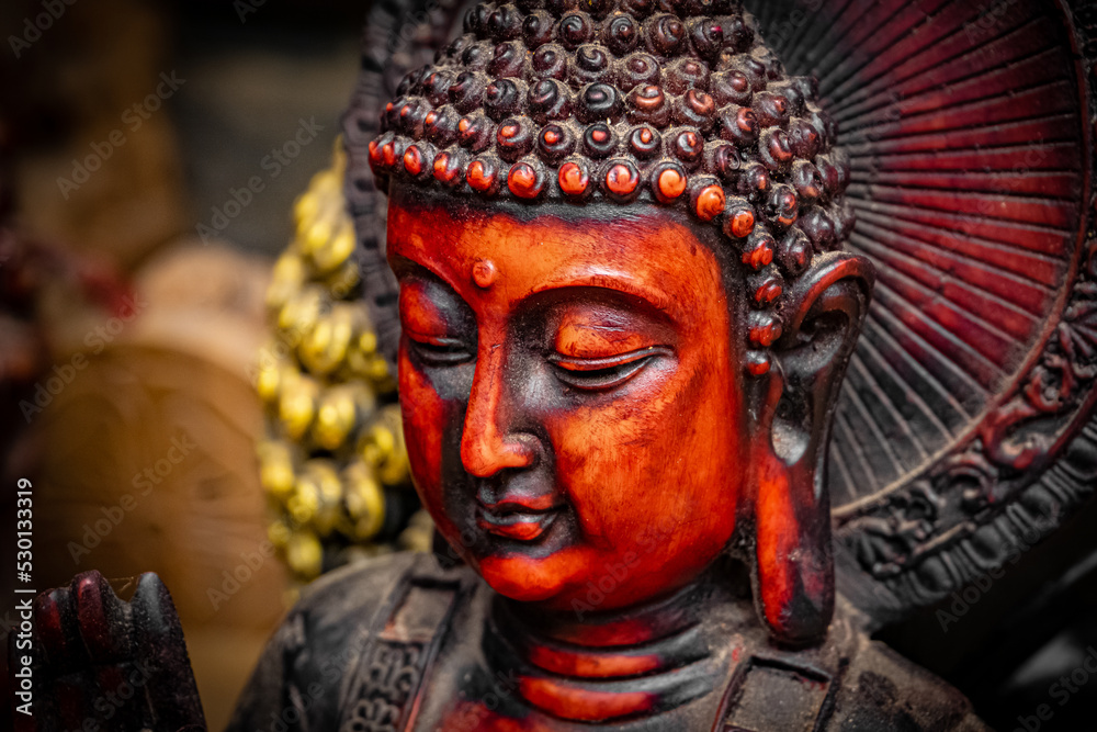 The Great Gautama Buddha Calm Meditation Statue made from wood at Mamallapuram or Mahabalipuram in Tamil Nadu, South India.