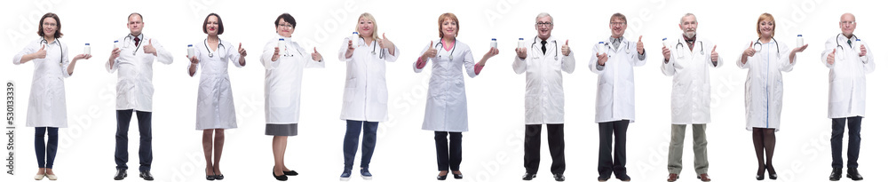 group of doctors holding jar isolated on white group of doctors holding jar isolated on white
