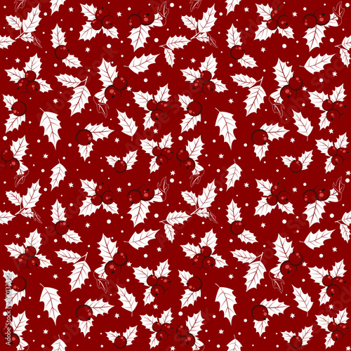 Vector Christmas seamless pattern with white leaves and holly on a red background. Suitable for greeting cards, wrapping paper. photo