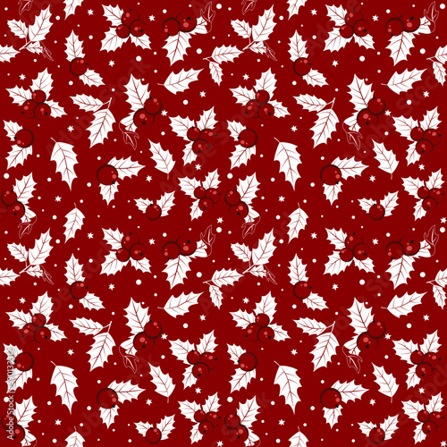 Vector Christmas seamless pattern with white leaves and holly on a red background. Suitable for greeting cards, wrapping paper.