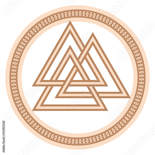 Walknut, sign of God Odin, decorated with ornaments in a wreath of Scandinavian weaving. Pendant. Beige trendy