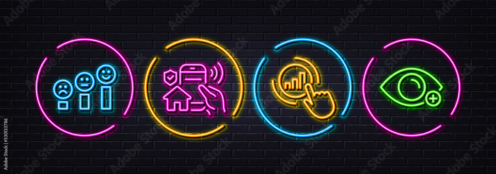 Graph chart, House security and Customer satisfaction minimal line icons. Neon laser 3d lights. Farsightedness icons. For web, application, printing. Get report, Smart home, Happy smile chart. Vector