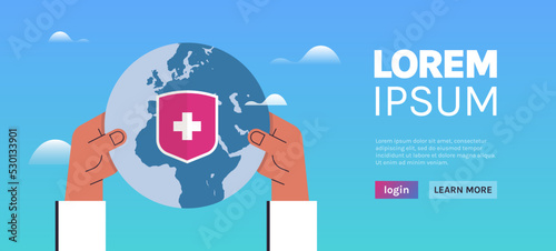 Doctors hand holding planet earth and global health care concept flat vector illustration.
