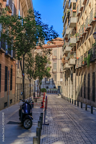 Beautiful traditional residential buildings with metal balconies on a narrow cobblestone street of the city center in Madrid  Spain