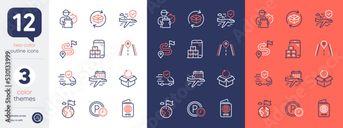 Set of Road, Mobile inventory and Return parcel line icons. Include Destination flag, Passport, Parking time icons. Flight insurance, Return package, Select flight web elements. Journey. Vector