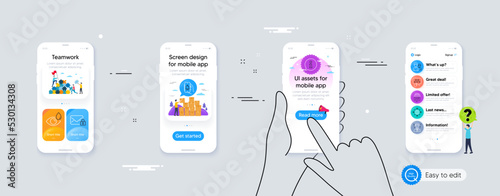 Set of Bell alert, Eye drops and Info line icons. Phone ui interface. Include Ranking star, Support consultant, Logistics network icons. Vip internet, Secure mail, Couple web elements. Vector