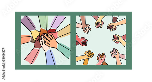 The concept of Inclusion, Diversity and Equity. Multiethnic hands form a circle and hold each other