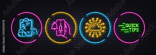 Cloud network, Vaccine announcement and Prescription drugs minimal line icons. Neon laser 3d lights. Education icons. For web, application, printing. Online storage, Vaccination bell, Pills. Vector