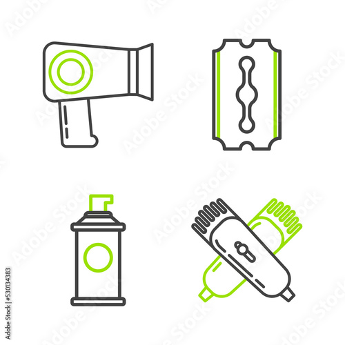 Set line Crossed electrical hair clipper or shaver, Shaving gel foam, Blade razor and Hair dryer icon. Vector