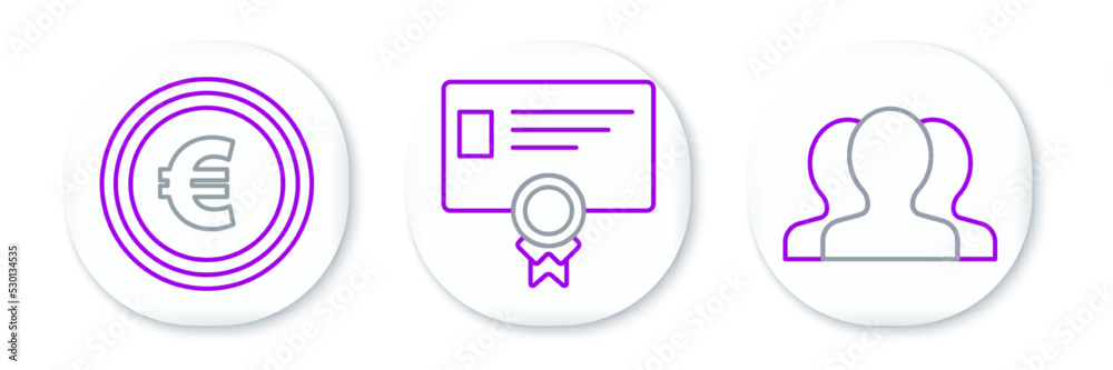 Set line Users group, Coin money with euro symbol and Certificate template icon. Vector Set line Users group, Coin money with euro symbol and Certificate template icon. Vector