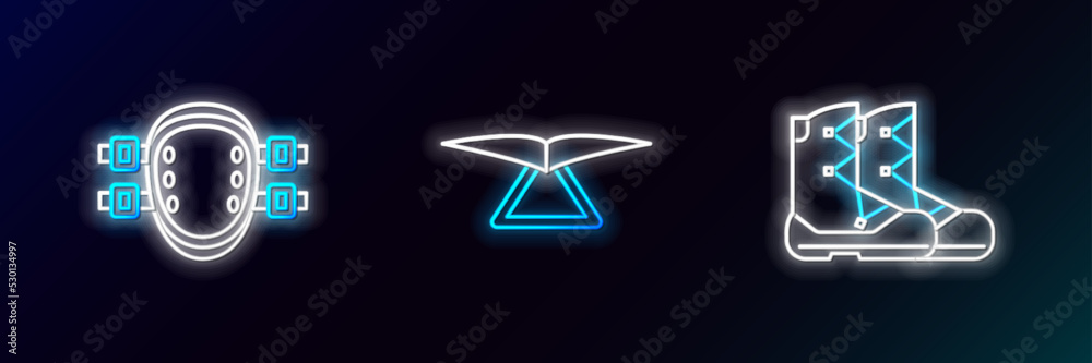 Set line Boots, Knee pads and Hang glider icon. Glowing neon. Vector Set line Boots, Knee pads and Hang glider icon. Glowing neon. Vector