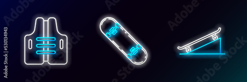 Set line Skateboard on street ramp, Life jacket and trick icon. Glowing neon. Vector