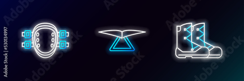 Set line Boots, Knee pads and Hang glider icon. Glowing neon. Vector