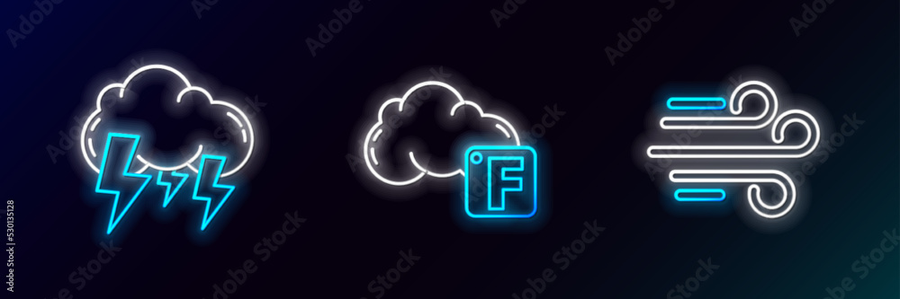 Set line Wind, Storm and Fahrenheit and cloud icon. Glowing neon. Vector Set line Wind, Storm and Fahrenheit and cloud icon. Glowing neon. Vector
