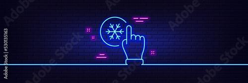 Neon light glow effect. Freezing click line icon. AC cold temperature sign. Fridge function symbol. 3d line neon glow icon. Brick wall banner. Freezing click outline. Vector
