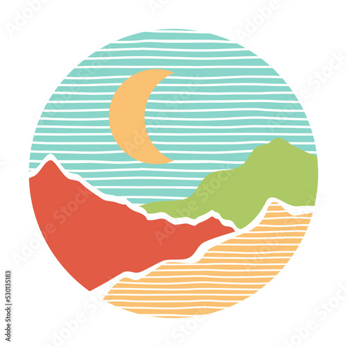 Colorful nature landscape, crescent moon over mountain range, round icon photo