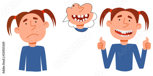 concept of an illustration on the topic of correcting a smile. The Girl s character gets upset because of her crooked teeth, a teenager with braces shows class. Vector illustration in a flat style.