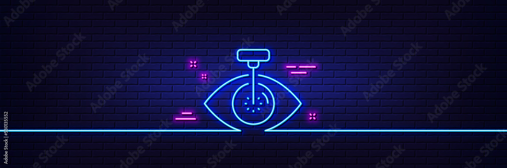Neon light glow effect. Eye laser surgery line icon. Oculist clinic sign. Optometry vision symbol. 3d line neon glow icon. Brick wall banner. Eye laser outline. Vector Neon light glow effect. Eye laser surgery line icon. Oculist clinic sign. Optometry vision symbol. 3d line neon glow icon. Brick wall banner. Eye laser outline. Vector