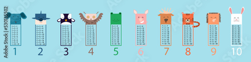 Multiplication table with square animals. Printed bookmarks or stickers with cute kawaii animals. Children s design in a flat style. photo